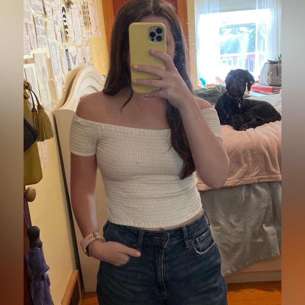 Off The Shoulder White Smocked Crop Top